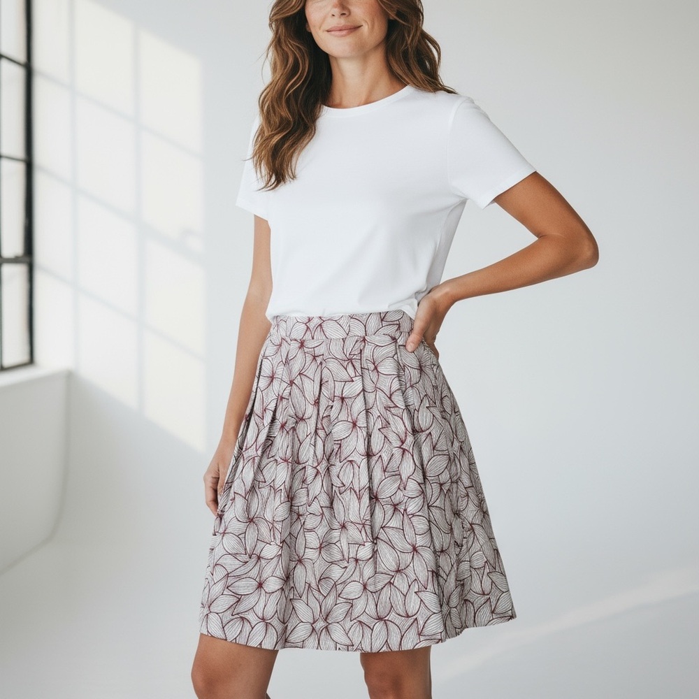 CLUB MONACO Cotton SKIRT Size 4 Maroon Floral Pastiche Embroidery on‎ Cream